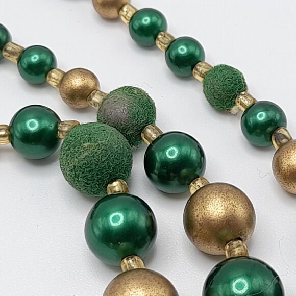 Vintage Japan 3-Strand Green Faux Pearl and Gold Tone Bead Necklace, 16" - Picture 9 of 16